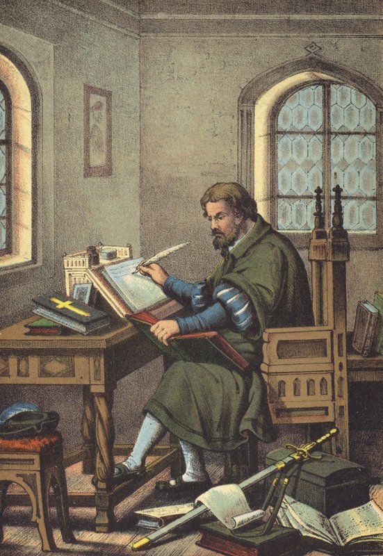 Luther disguised as Junker Jorg in Wartburg translation of the New Testament by German School