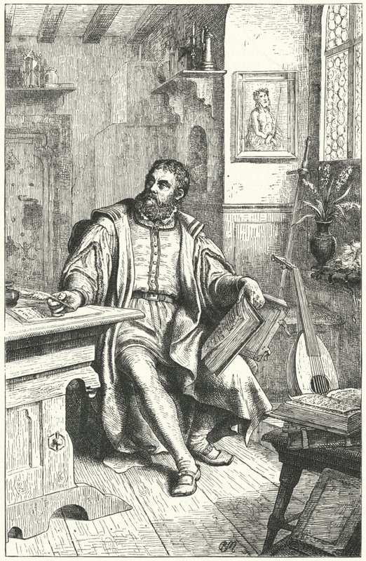 Martin Luther translating the Bible into German (engraving) by German School