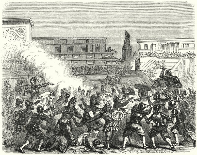 Massacre of Aztec warriors and nobles at Cholula by the Spanish conquistadors of Hernan Cortes by German School