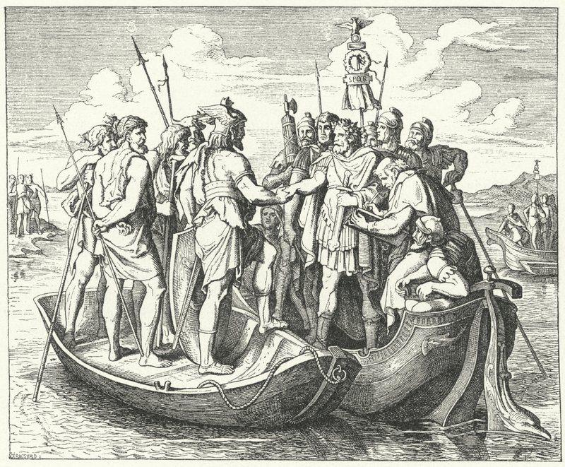Meeting of the Roman Emperor Valens and the Visigothic King Athanaric on the Danube, 369 (engraving) by German School