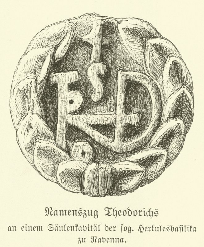 Monogram of Theoderic the Great, King of the Ostrogoths (engraving) by German School