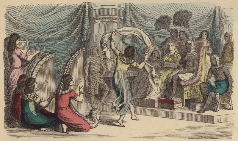 Musicians and dancers performing before the Pharaoh in Ancient Egypt by German School