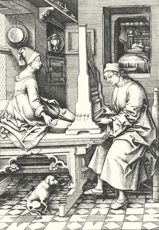 Musicians playing an organ in a country house in the 15th century by German School