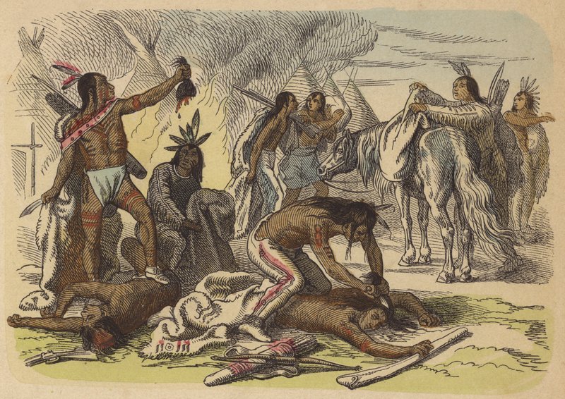 Native American Braves Taking the Scalps of Their Enemies (Coloured Engraving) by German School