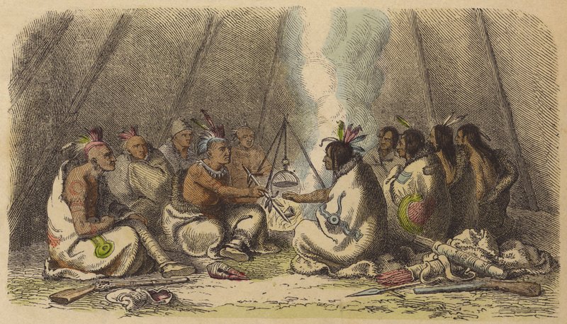 Native Americans of the Fox and Raven Tribes Smoking the Peace Pipe by German School