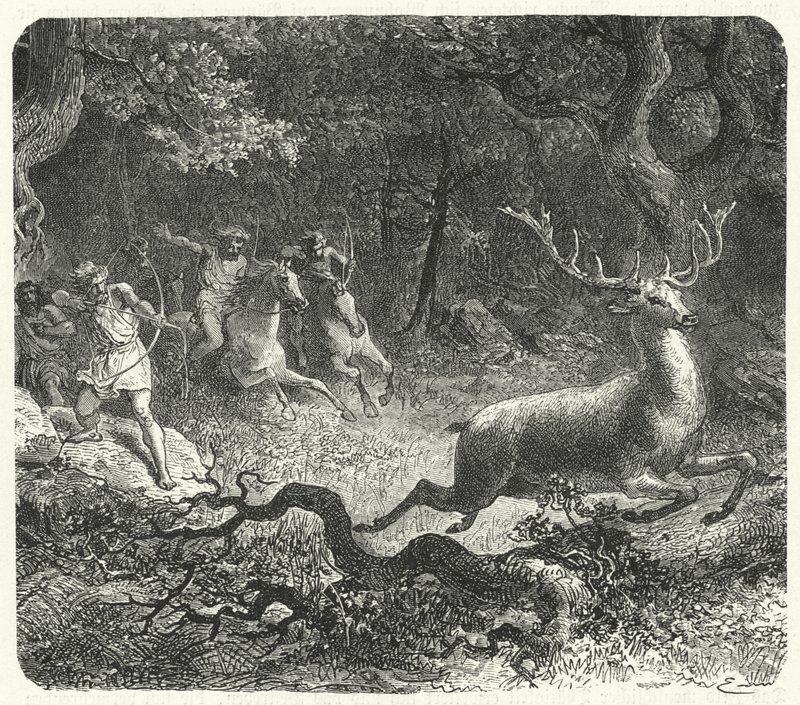 Prehistoric Men Using Horses to Hunt (engraving) by German School