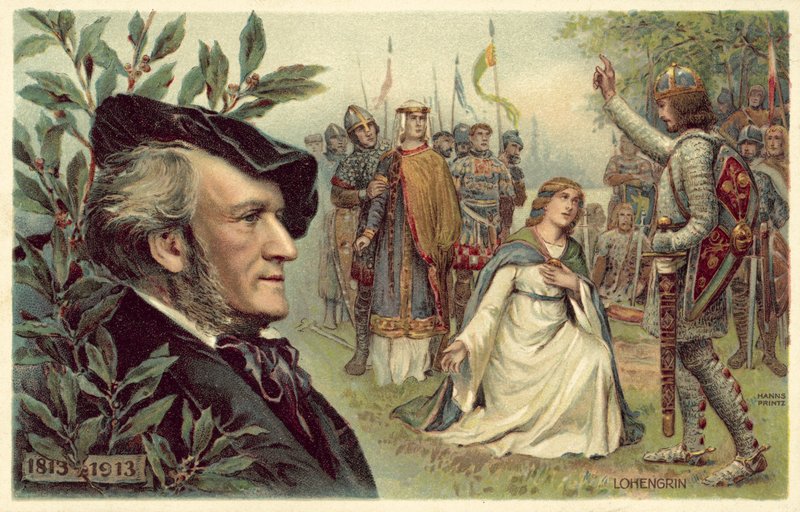Richard Wagner and a scene from his opera Lohengrin von German School
