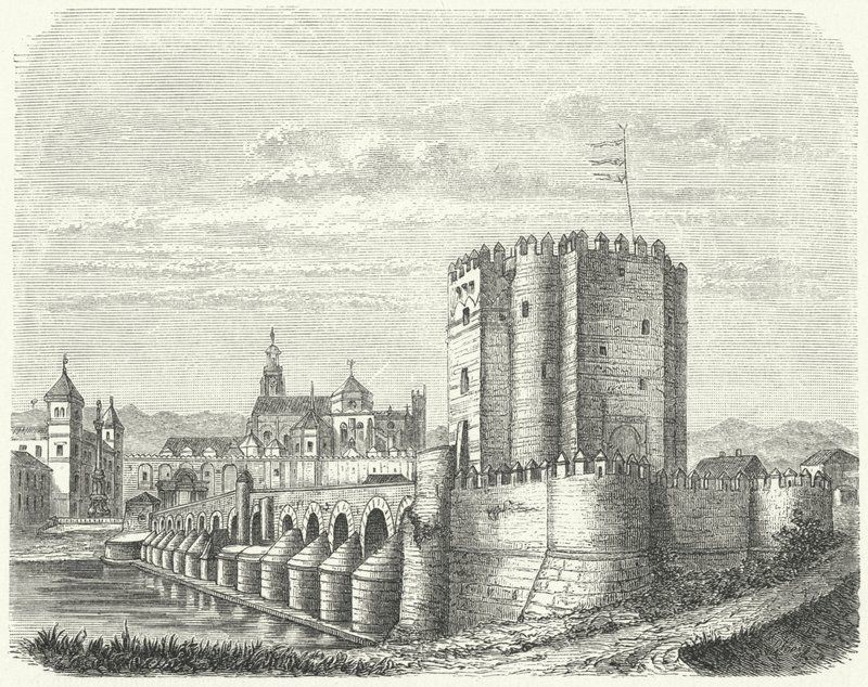 Roman bridge and Great Mosque of Cordoba, Spain by German School