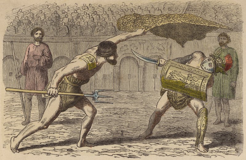 Roman gladiators: a retiarius fighting a Samnite by German School