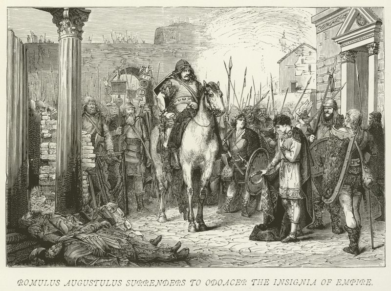 Romulus Augustulus surrenders to Odoacer the Insignia of Empire by German School