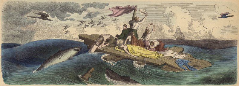 Shipwreck Survivors Adrift on a Raft in the South Seas (Coloured Engraving) by German School