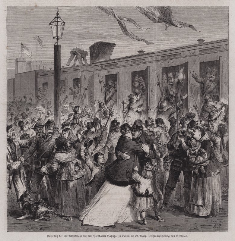 Soldiers of the Prussian Gardelandwehr welcomed at Potsdam Station, Berlin, on their return from the Franco-Prussian War, 22 March 1871 by German School