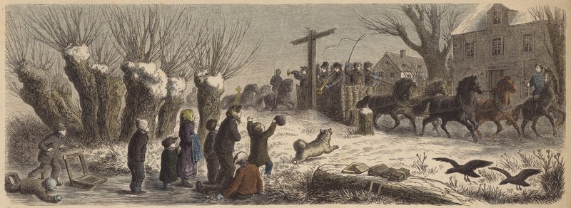 Students travelling by sleigh on a street in central Germany by German School