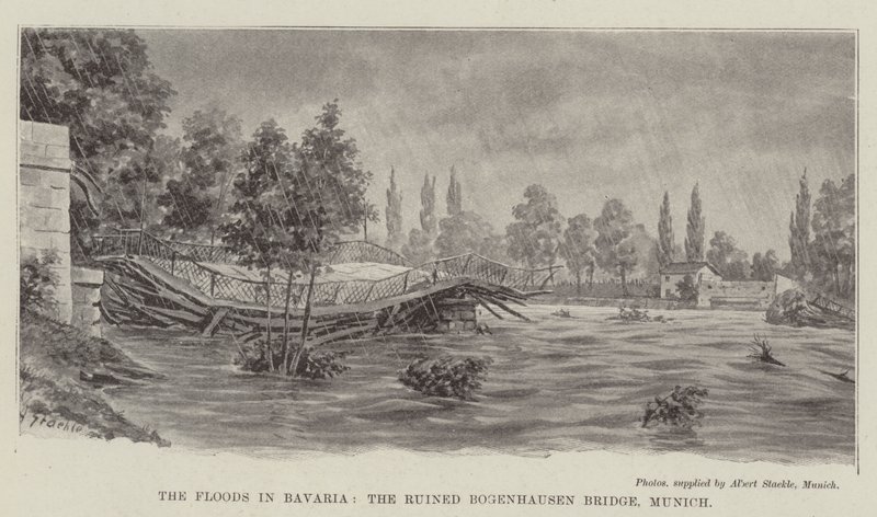 The Floods in Bavaria, the Ruined Bogenhausen Bridge, Munich by German School