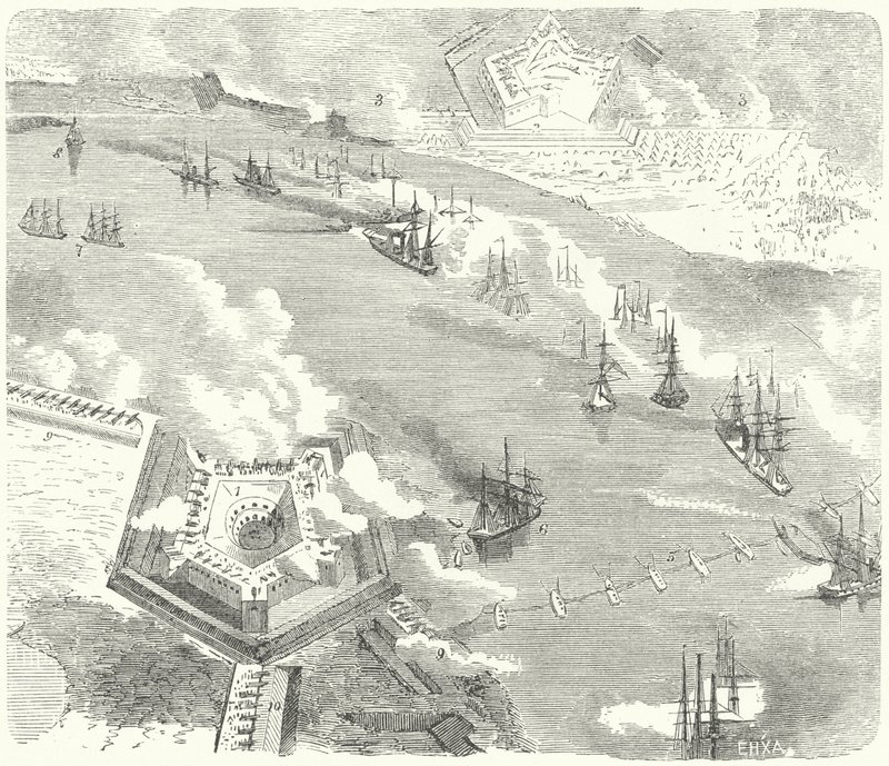 The Union Fleet Attacking Fort Jackson and Fort St. Philip, Louisiana, American Civil War, 1862 by German School