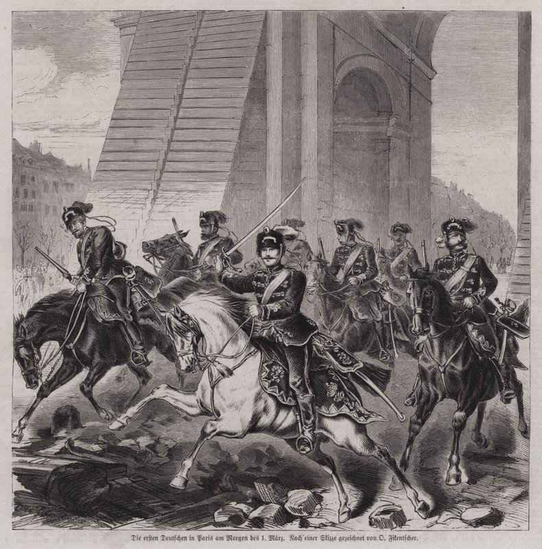 The first German soldiers entering Paris to occupy the city after the end of the Franco-Prussian War by German School