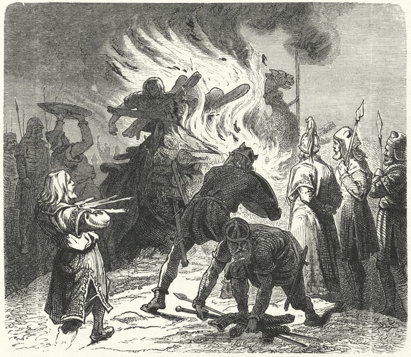 The legendary Swedish King Sigurd Hring burning the body of Harald Wartooth after the Battle of the Bravellir by German School