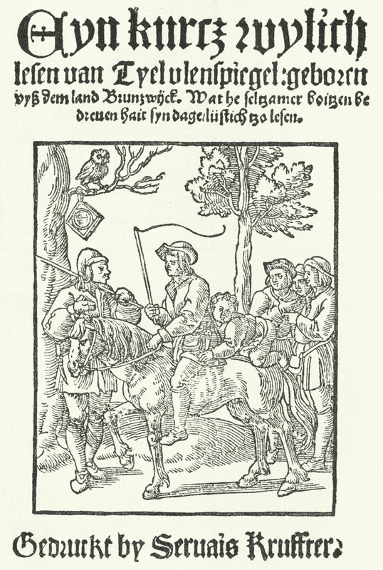 The title page of the oldest known Low German edition of Till Eulenspiegel, printed by Servais Kruffter by German School
