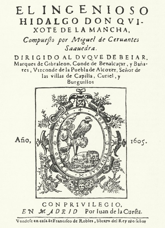 Title page from the first edition of the novel Don Quixote, by Miguel de Cervantes by German School