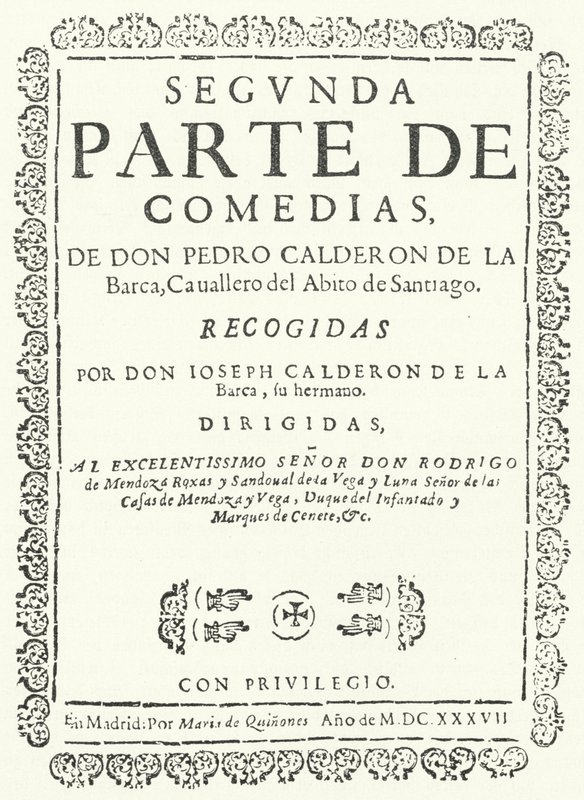 Title page from the second of four volumes of the Comedias of Calderon, published in 1637 by German School