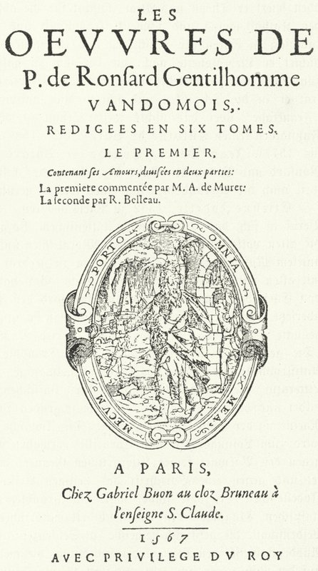 Title page of the first volume of the rare and very popular second edition of the works of Pierre de Ronsard, published in six volumes by the poet himself by German School