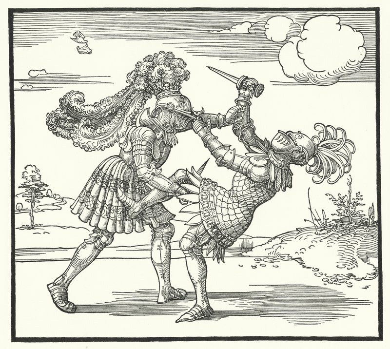 Two Knights Fighting on Foot by German School