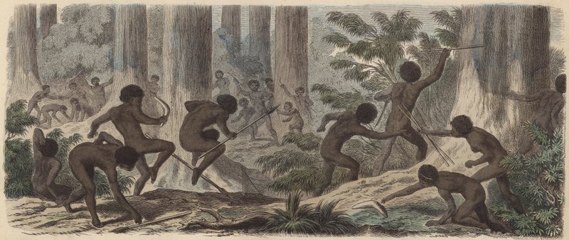 Two tribes of Australian Aborigines fighting by German School
