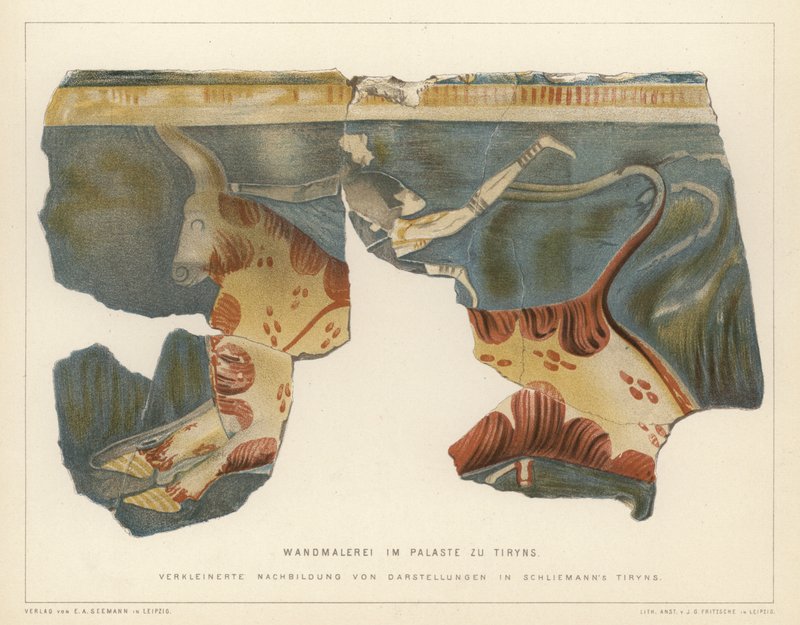 Wall painting from the Mycenaean palace at Tiryns, Greece, excavated by German archaeologist Heinrich Schliemann by German School