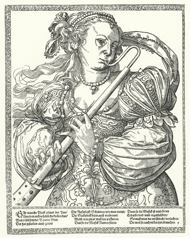 Woman playing a recorder (engraving) by German School