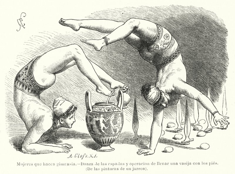 Women performing gymnastics in Ancient Greece: sword dance and filling a vessel using the feet by German School