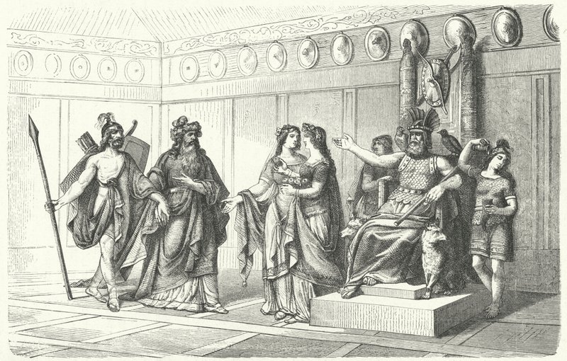 Wotan Receiving the Musicians Introduced by Bragi, the God of Poetry and Song (engraving) by German School