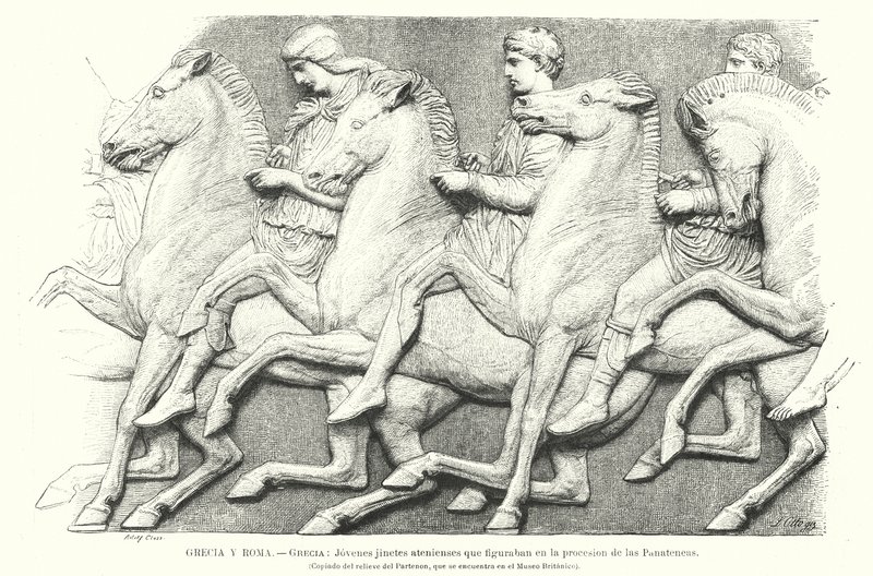 Young Athenian horsemen, copy of part of the Parthenon Frieze from Athens, ancient Greece by German School