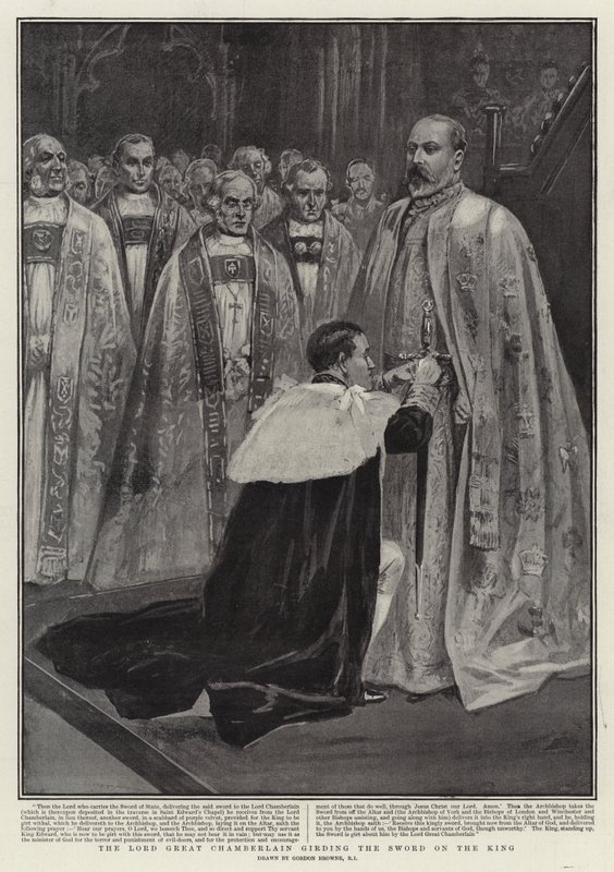 The Lord Great Chamberlain girding the Sword on the King by Gordon Frederick Browne