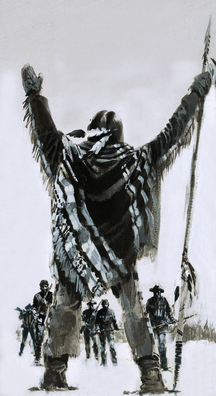 Unidentified Indian standing before US cavalrymen by Graham Coton