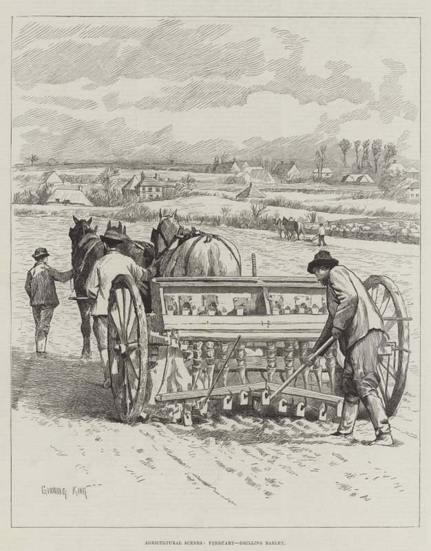 Agricultural Scenes, February, drilling Barley by Gunning King