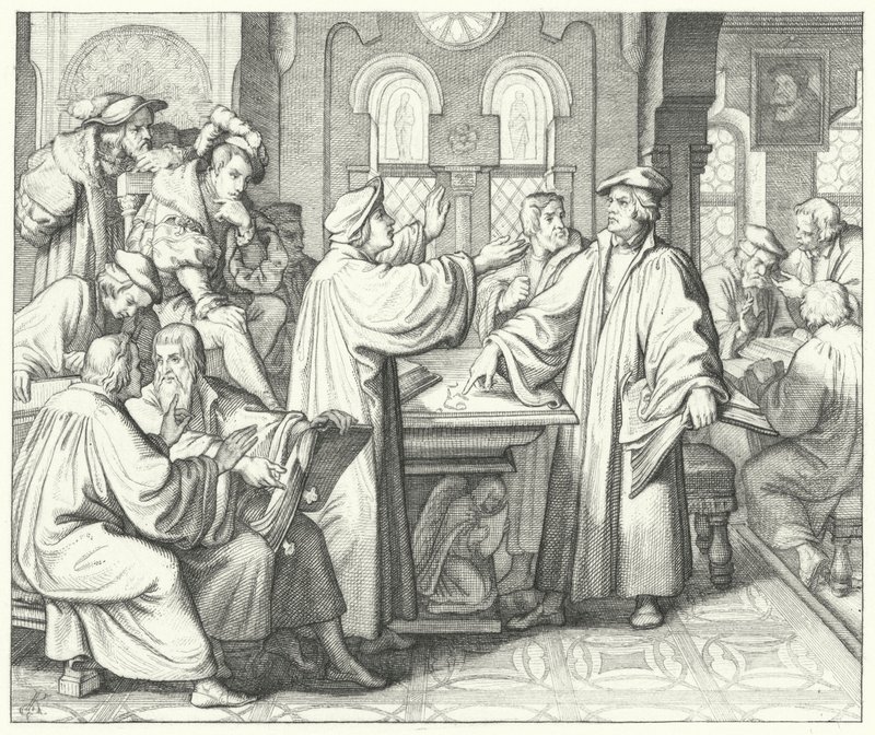Martin Luther discussing the sacrament with Huldrych Zwingli by Gustav Ferdinand Leopold Konig