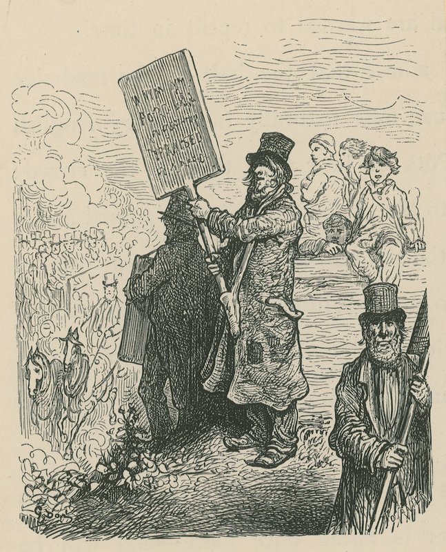 A Man Holding a Placard at a Protest by Gustave Dore