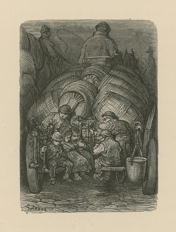 Children sitting on the back of a brewery delivery cart by Gustave Dore