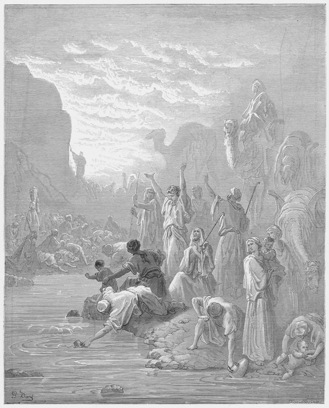 Moses striking the rock in Horeb by Gustave Dore