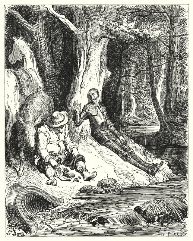 A clear fountain, which Don Quixote and Sancho found among some verdant trees, served to refresh them by Gustave Dore
