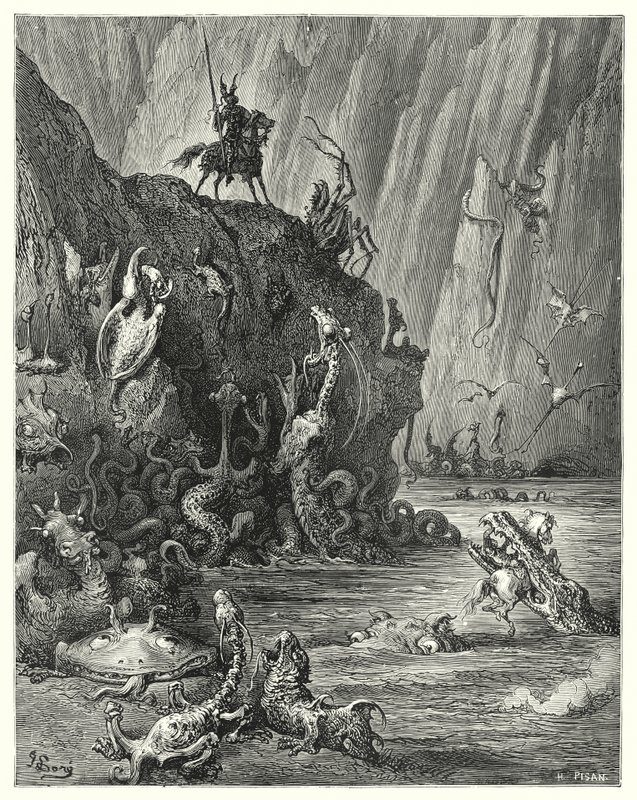 A vast lake of boiling pitch, in which an infinite multitude of fierce and terrible creatures are traversing backwards and forwards by Gustave Dore