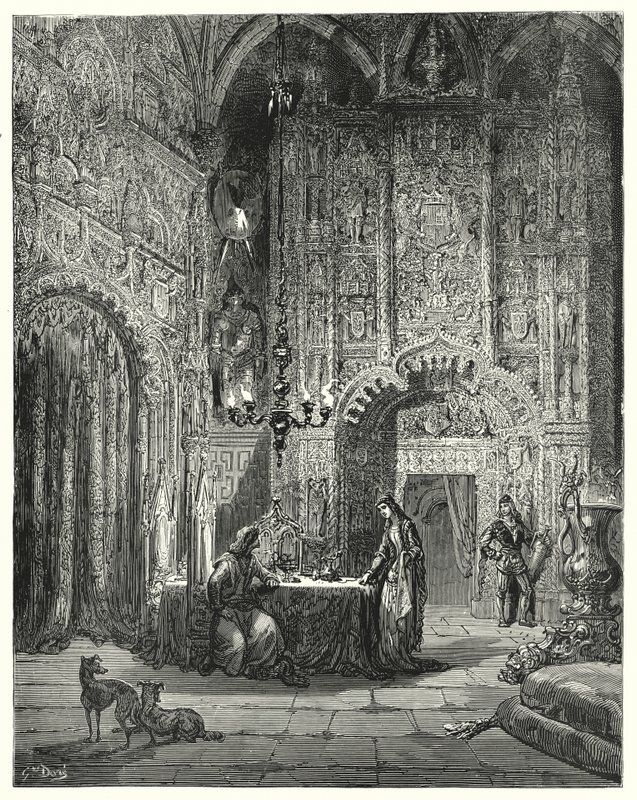 Another damsel comes into the room, and begins to inform him what castle that is, and how she is enchanted in it by Gustave Dore