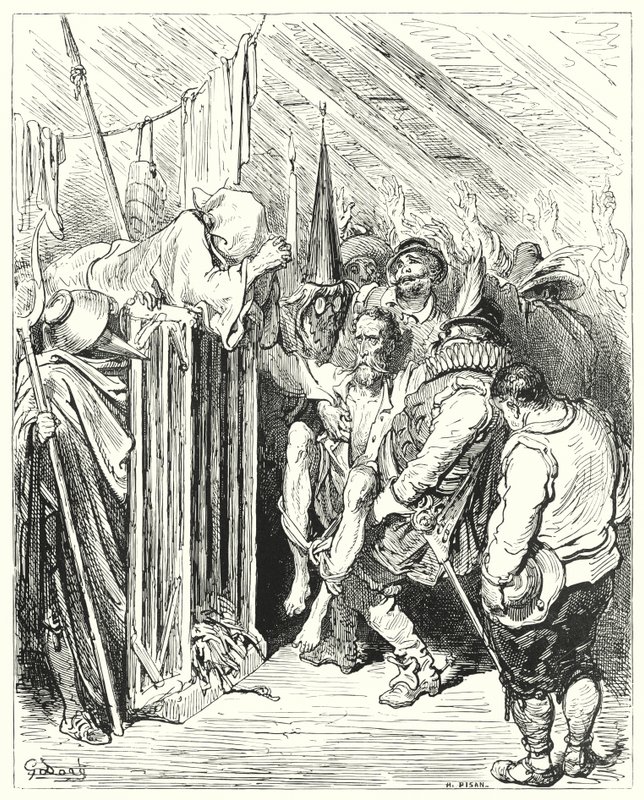 Be not impatient, O Knight of the Woful Figure, at your imprisonment by Gustave Dore
