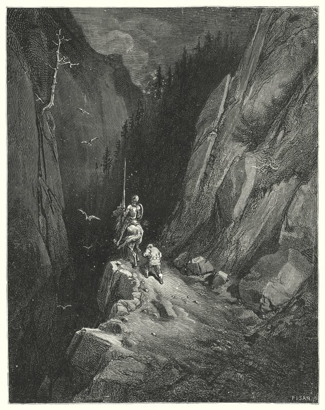 Don Quixote: "Don Quixote was transported with joy to find himself where he might flatter his ambition with the hopes of fresh adventures" by Gustave Dore