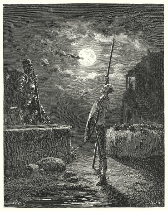 Don Quixote: "He began to walk about by the horse-trough with a graceful deportment" (engraving) by Gustave Dore