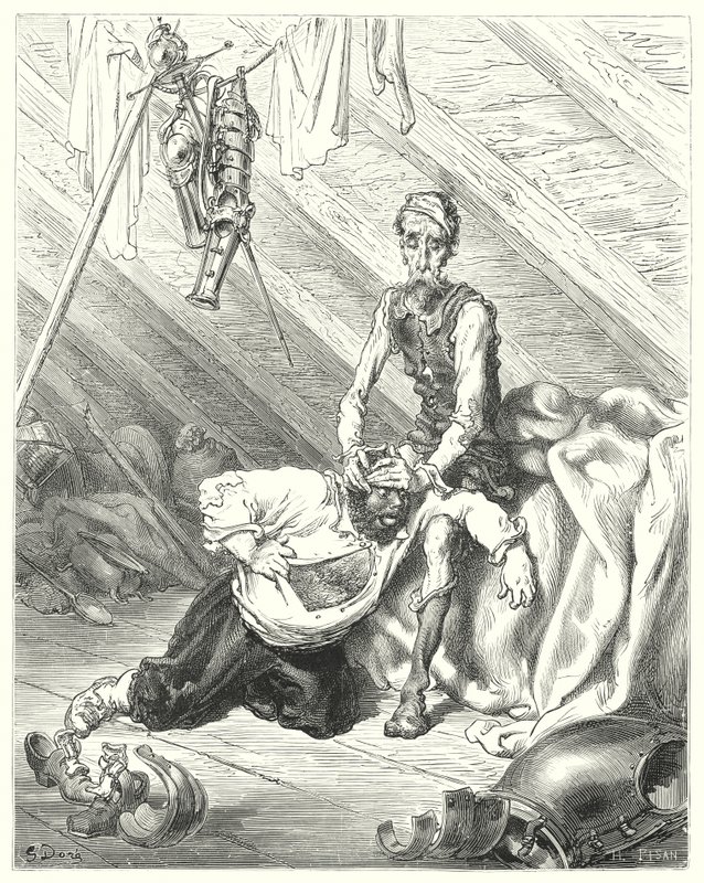 Don Quixote: "He verily believed his last hour was come" (engraving) by Gustave Dore