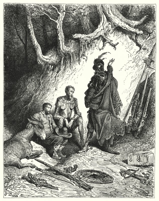 The squires left Don Quixote, Roque, and Sancho to await their return by Gustave Dore
