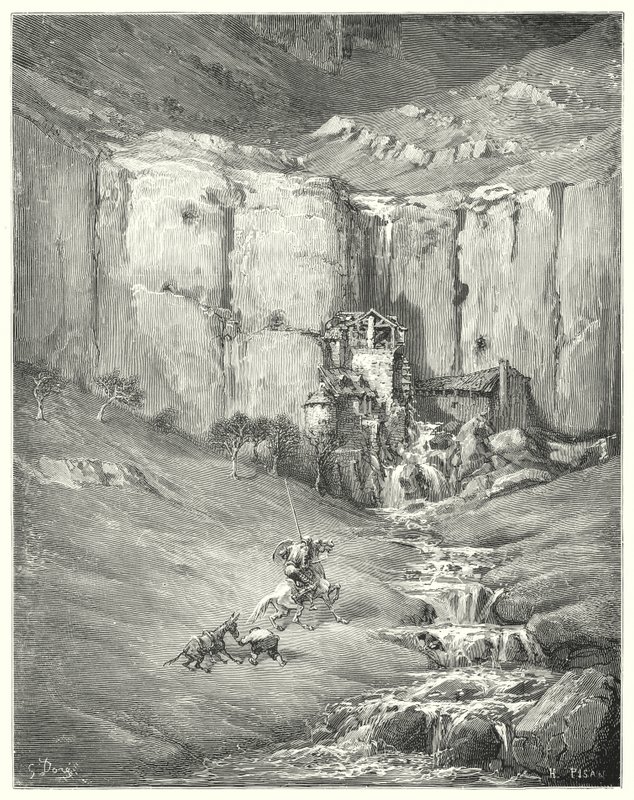 Don Quixote: "When they came nearer, even patient Rozinante himself started at the dreadful sound" by Gustave Dore