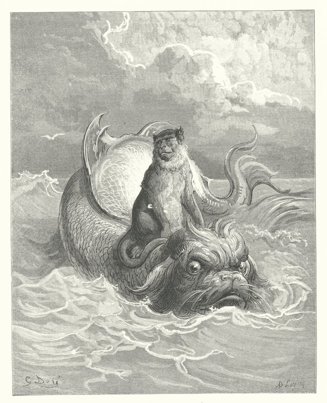The Fables of La Fontaine: The Monkey and the Dolphin (engraving) by Gustave Dore
