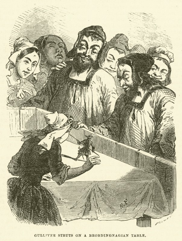 Gulliver struts on a Brobdingnagian table (engraving) by after Hablot Knight Browne